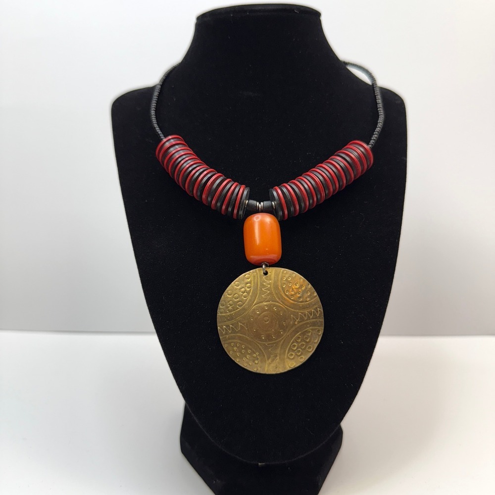 Statement Pendant Necklace Red Black Disc Beads Orange Boho Chic Jewelry 9 in L